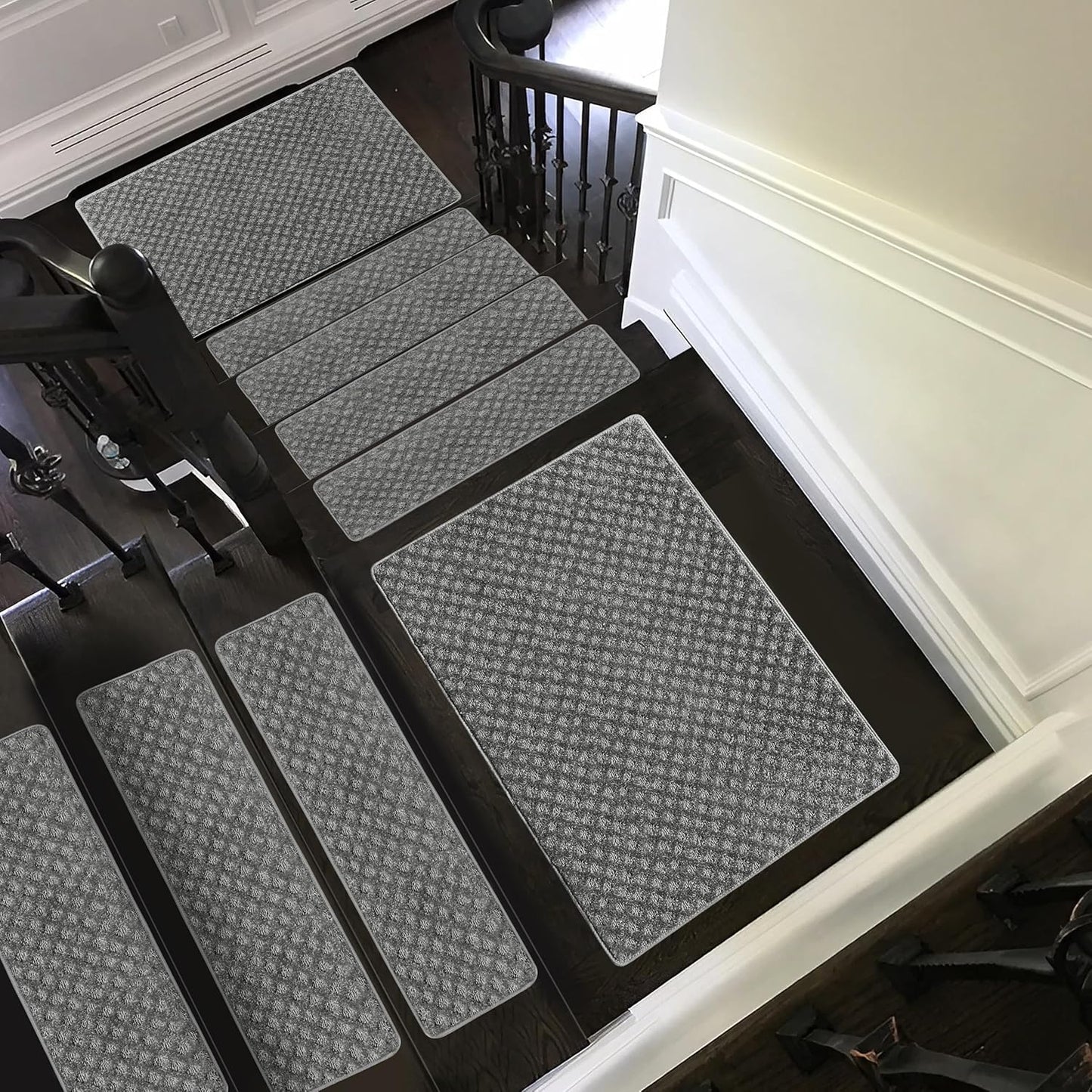 PURE ERA Bullnose Carpet Stair Treads Set Tape Free Non-Slip Indoor Stair Protectors Pet Friendly Rugs Covers Soft Skid Resistant Washable Reusable 9.5" x 30"(14 Pieces,Cream Gray)