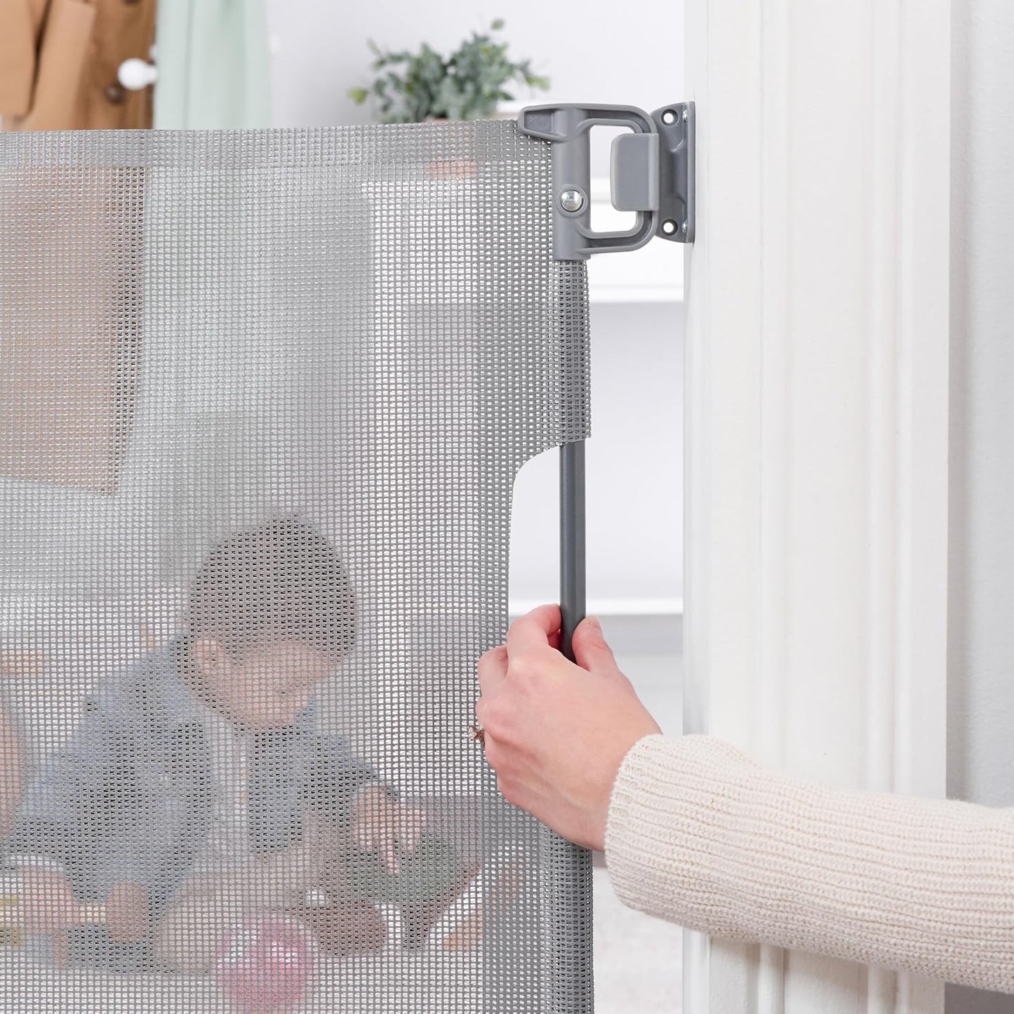 Regalo Safety 50" Extra Wide Retractable Baby Gate, Mesh Safety Gate for Doorways, Hallways & Bottom of Stairs, Hardware Mounted Gate for Babies, Toddlers & Pets, Lock Indicator Window, Gray