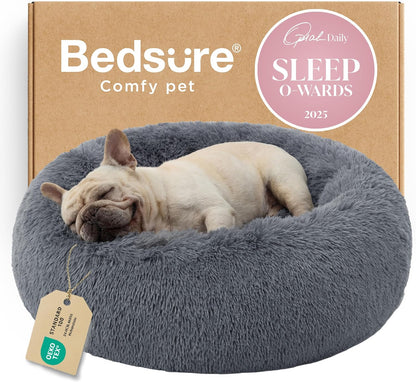 Bedsure Calming Dog Bed Medium Size Dog - Donut Washable Medium Pet Bed, 30 inches Anti-Slip Round Fluffy Plush Faux Fur Cat Bed, Fits up to 45 lbs Pets, Camel