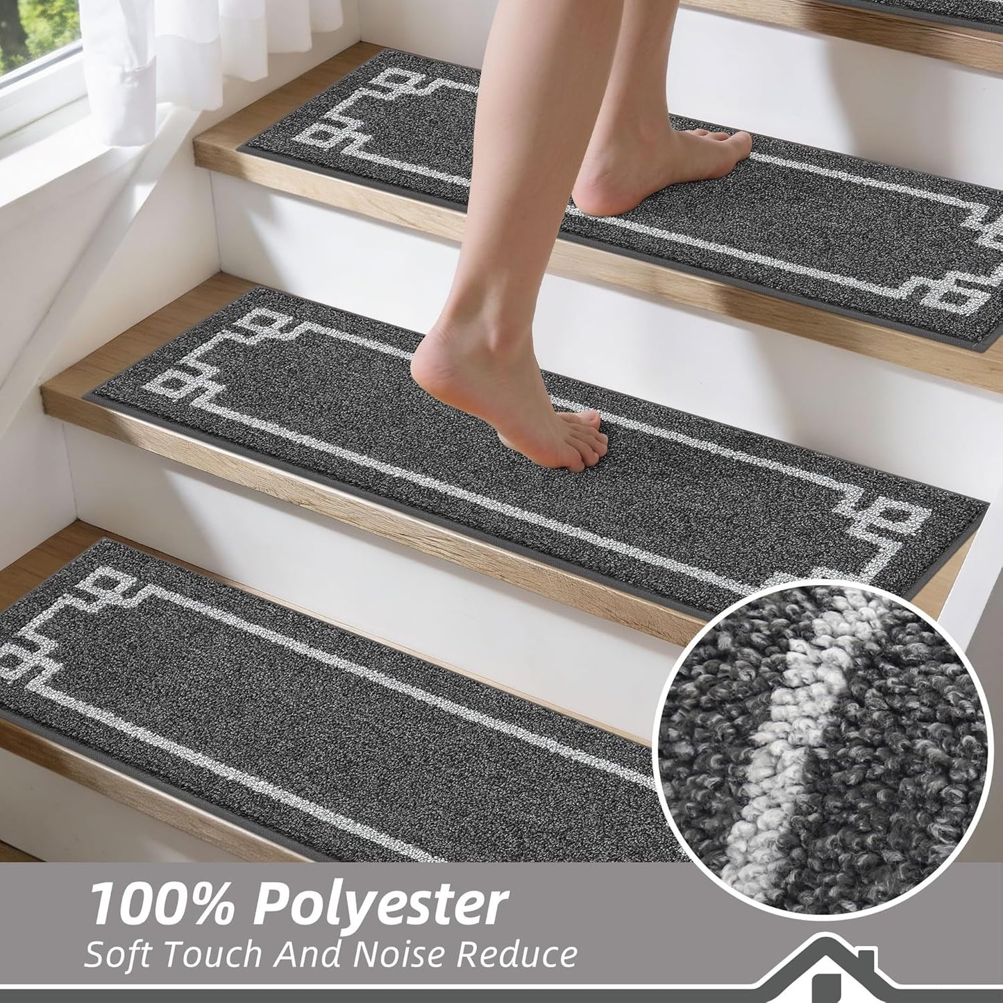 BEQHAUSE Non Slip Stair Treads for Wooden Steps Indoor Washable Stair Runner 28inX9in Polyester Durable Stair Treads Carpet for Dogs,Kids and Elders 15pcs,Dark Grey