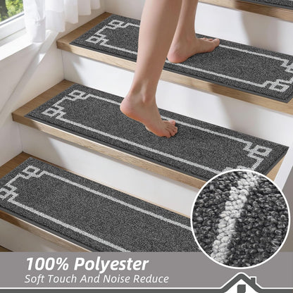 BEQHAUSE Non Slip Stair Treads for Wooden Steps Indoor Washable Stair Runner 28inX9in Polyester Durable Stair Treads Carpet for Dogs,Kids and Elders 15pcs,Dark Grey