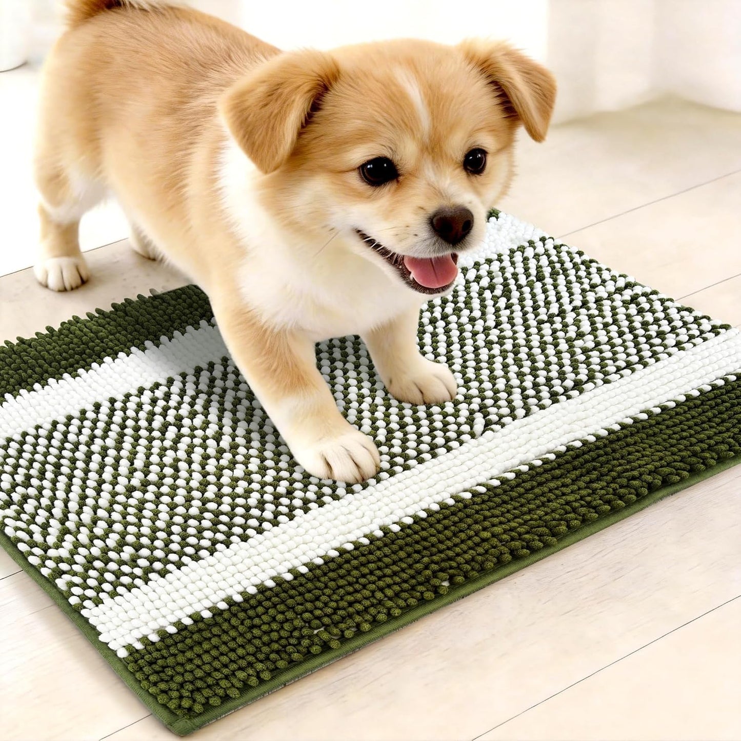 pobopobo Dog Door Mat for Muddy Paws - Absorbent & Washable Chenille Rug, Non-Slip Dirt Trapper for Indoor Outdoor Entryway, Quick Dry Pet Mat for Muddy Dogs (Striped Gray-Blue&White, 24" x 16")