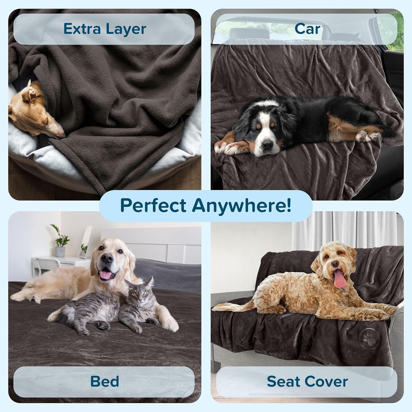 Waterproof Pet Blanket - 50x60-Inch Reversible Sherpa Fleece Throw Protects Couches, Cars, and Beds from Spills, Stains, and Fur by PETMAKER (Gray)