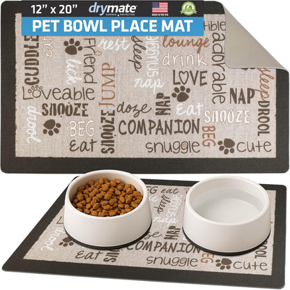 Drymate Pet Bowl Placemat, Dog & Cat Food Feeding Mat - Absorbent Fabric, Waterproof Backing, Slip-Resistant - Machine Washable/Durable (USA Made) (12” x 20”) (Indigo)