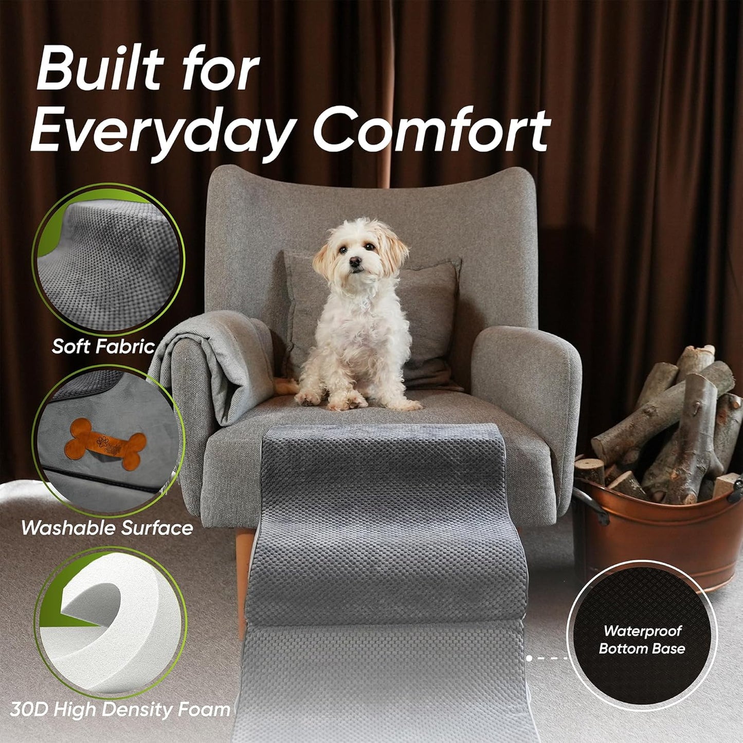 Dog Stairs for Bed & Couch – BuddyRamp 2-in-1 Foldable Dog Stairs and Ramp, 3-Step Pet Stairs Converts to Gentle Ramp, Non-Slip Soft Foam Steps for Small Dogs & Senior Pets