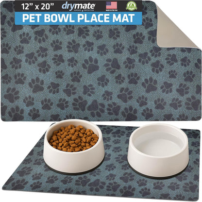 Drymate Pet Bowl Placemat, Dog & Cat Food Feeding Mat - Absorbent Fabric, Waterproof Backing, Slip-Resistant - Machine Washable/Durable (USA Made) (12” x 20”) (Indigo)