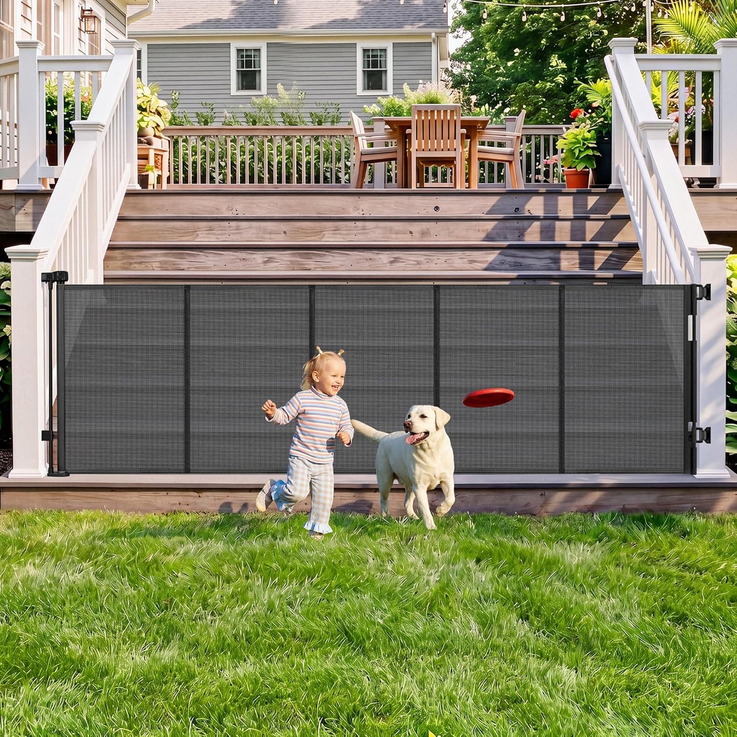 108" Wide Weatherproof Outdoor Retractable Dog Gates Extra Wide with Rust-Proof Stainless Steel Hardware& Waterproof Mesh, Reinforced 9 Ft Extra Long Retractable Baby Gate to Prevent Crawling Through