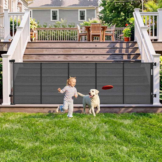 108" Wide Weatherproof Outdoor Retractable Dog Gates Extra Wide with Rust-Proof Stainless Steel Hardware& Waterproof Mesh, Reinforced 9 Ft Extra Long Retractable Baby Gate to Prevent Crawling Through