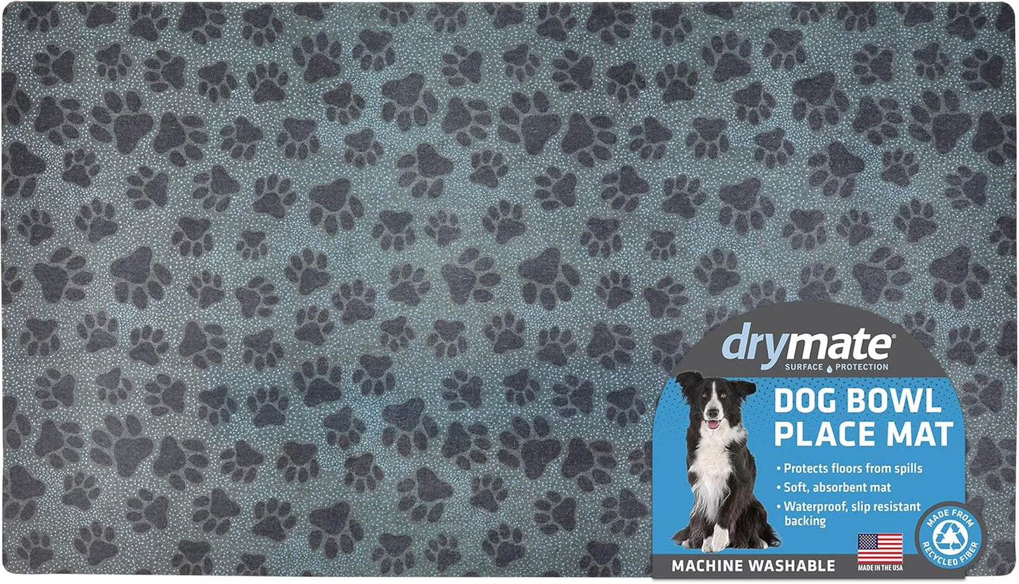 Drymate Pet Bowl Placemat, Dog & Cat Food Feeding Mat - Absorbent Fabric, Waterproof Backing, Slip-Resistant - Machine Washable/Durable (USA Made) (12” x 20”) (Indigo)