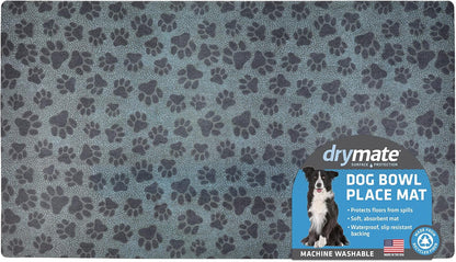 Drymate Pet Bowl Placemat, Dog & Cat Food Feeding Mat - Absorbent Fabric, Waterproof Backing, Slip-Resistant - Machine Washable/Durable (USA Made) (12” x 20”) (Indigo)