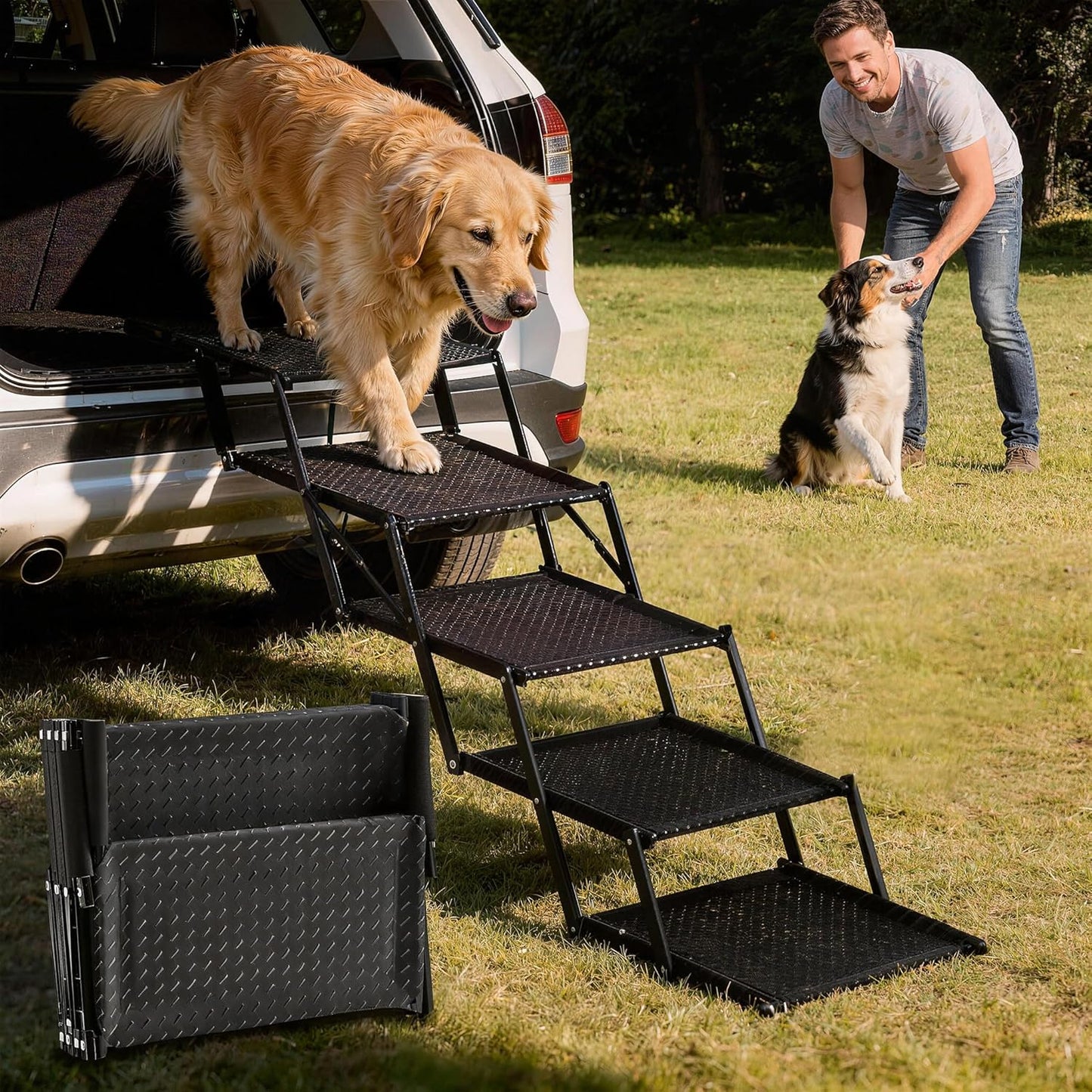 Dog Stairs for Car - Foldable 5-Step Non-Slip Pet Stairs for Home, Lightweight Dog Steps for Senior & Small Dogs to SUV, Truck, Bed - Supports 200 lbs
