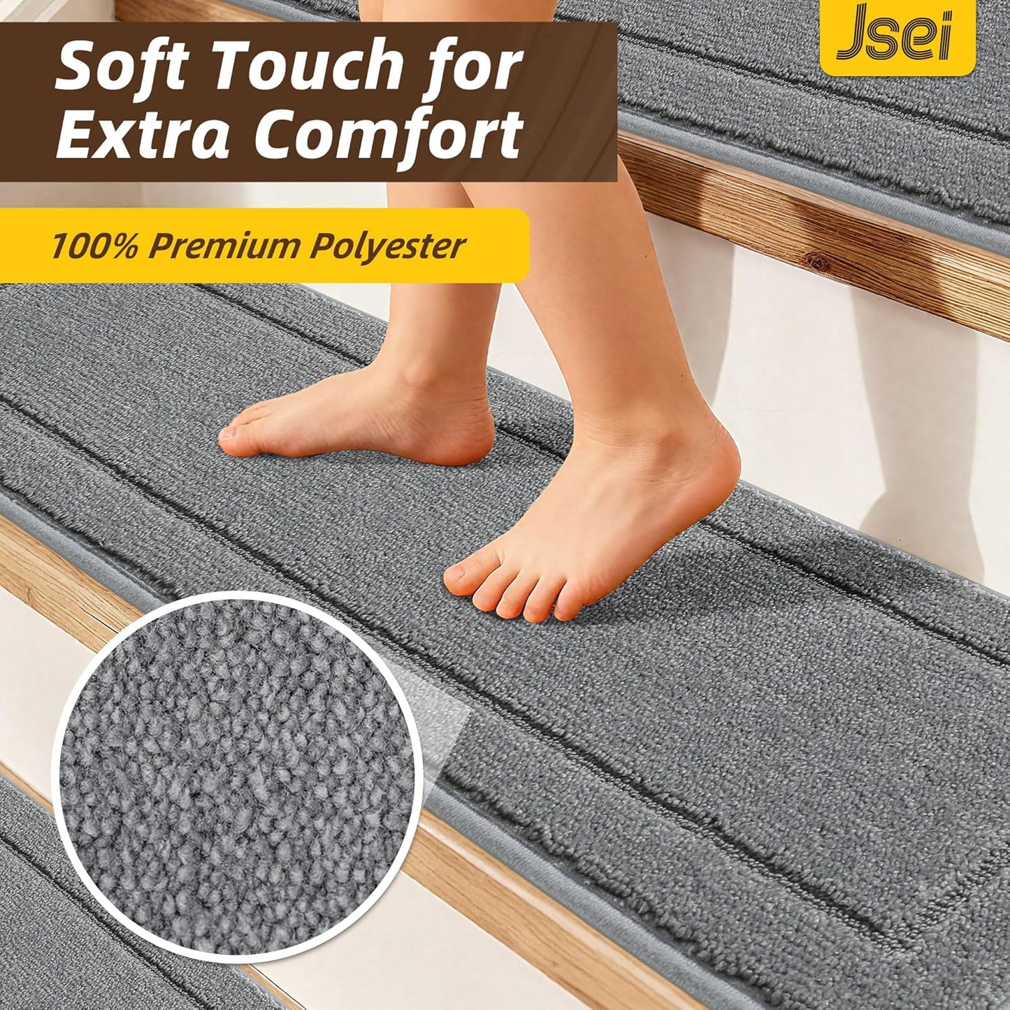 Non-Slip Stair Treads for Wooden Steps Indoor, 15 Pack 8" X 30" Edging Stair Rugs with TPE Backing, Carpet Stair Treads for Kids Elders & Pets, 100% Polyester Soft Stair Runners, Brown