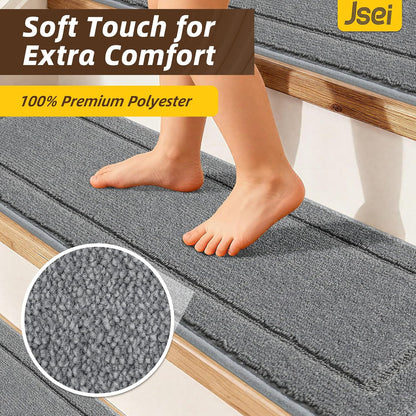 Non-Slip Stair Treads for Wooden Steps Indoor, 15 Pack 8" X 30" Edging Stair Rugs with TPE Backing, Carpet Stair Treads for Kids Elders & Pets, 100% Polyester Soft Stair Runners, Brown