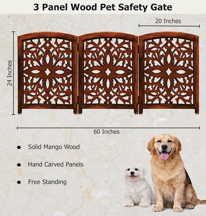 Croft&Cane Wooden Foldable Pet Dog Safety Gate – 3 Panel Freestanding Indoor Pet Fence (20 inches W x 24 inches H) – Hand-Carved Solid Wood & MDF – Fully Assembled - Antique Brown