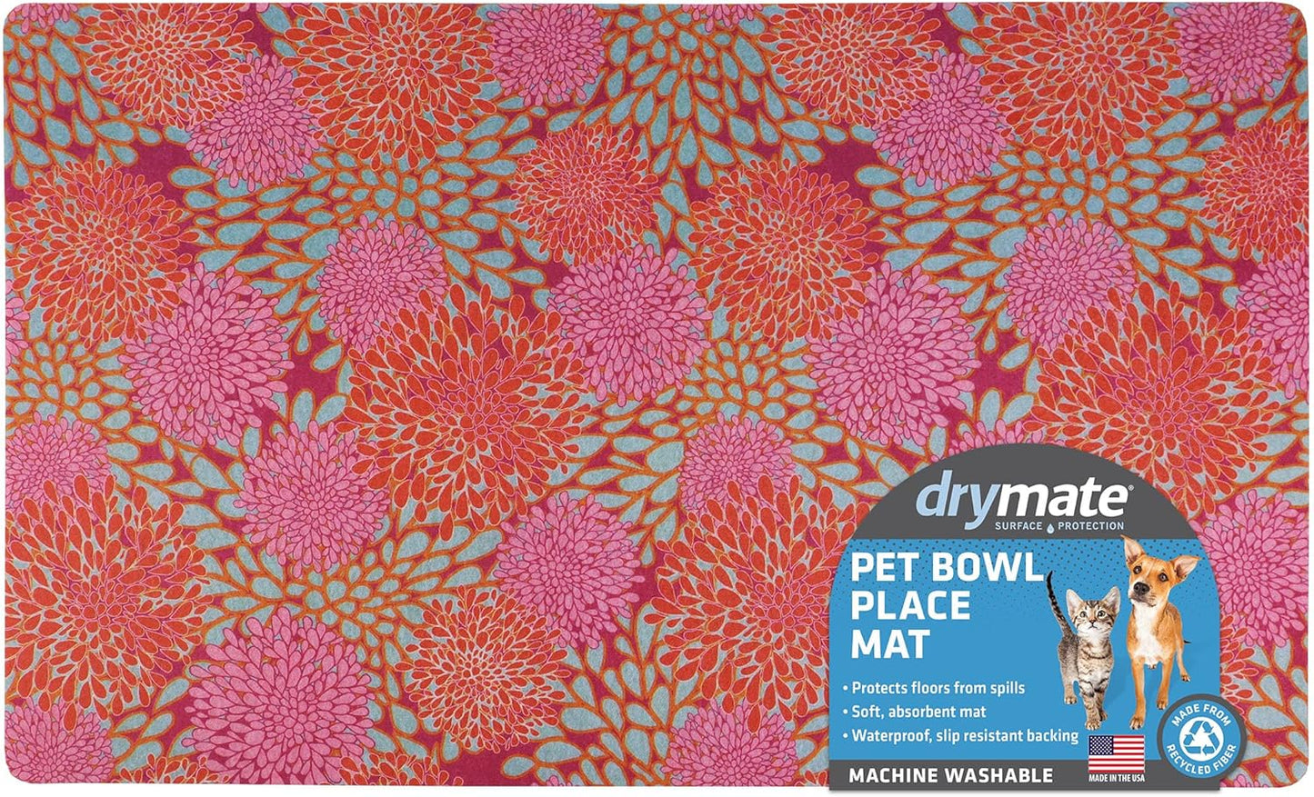 Drymate Pet Bowl Placemat, Dog & Cat Food Feeding Mat - Absorbent Fabric, Waterproof Backing, Slip-Resistant - Machine Washable/Durable (USA Made) (12” x 20”) (Indigo)