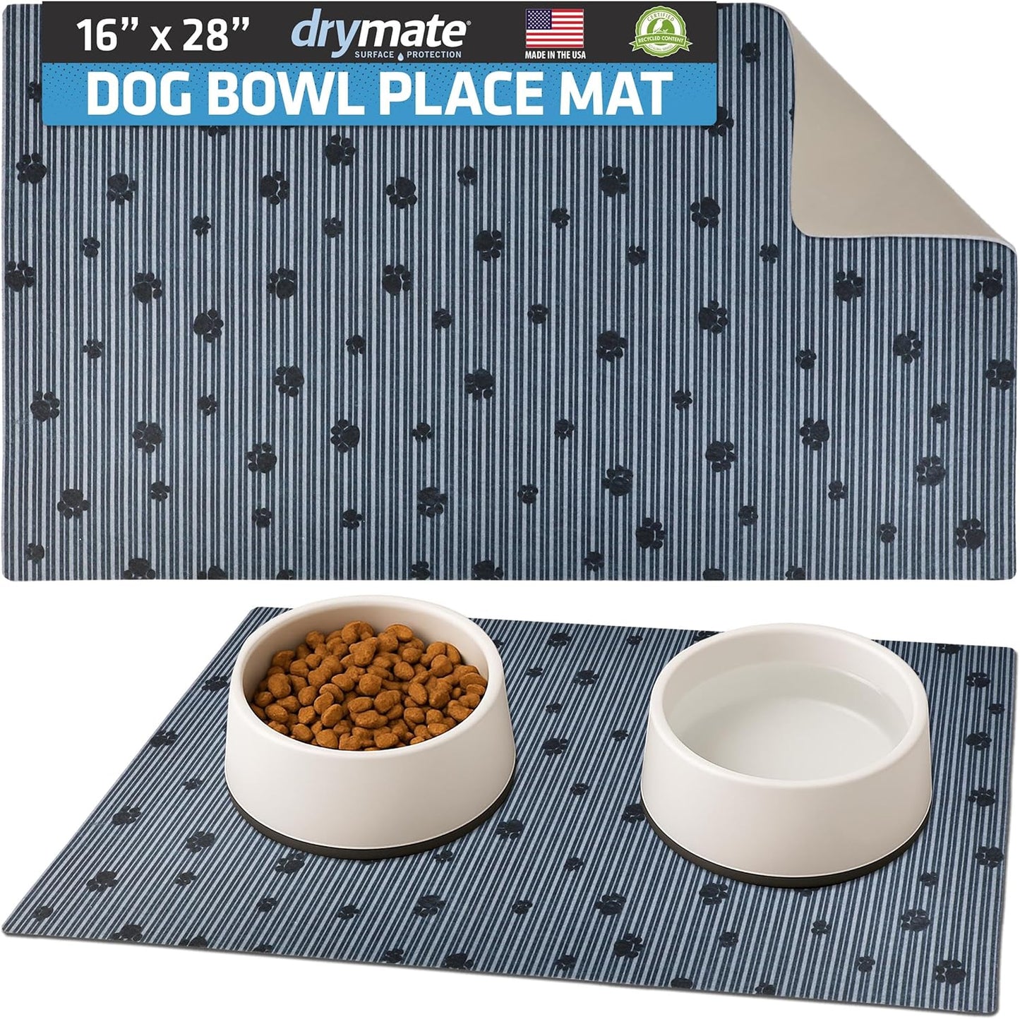 Drymate Pet Bowl Placemat, Dog & Cat Food Feeding Mat - Absorbent Fabric, Waterproof Backing, Slip-Resistant - Machine Washable/Durable (USA Made) (12” x 20”) (Indigo)