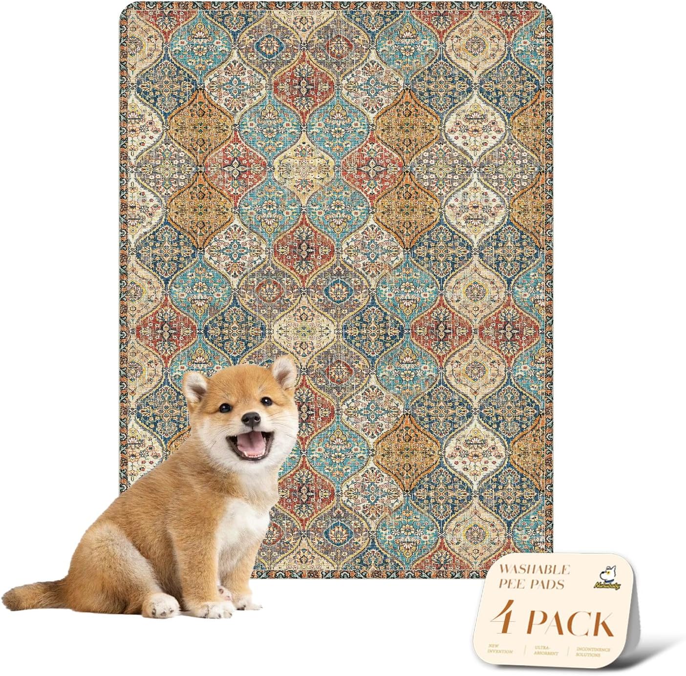 nunubaby Washable Pee Pads for Dogs, Stylish, Non-Slip and Leak-Proof Pee Pads. Reusable Potty Pads for Dogs for Crates and Floors.(Beige/Multi, 24" x48" )
