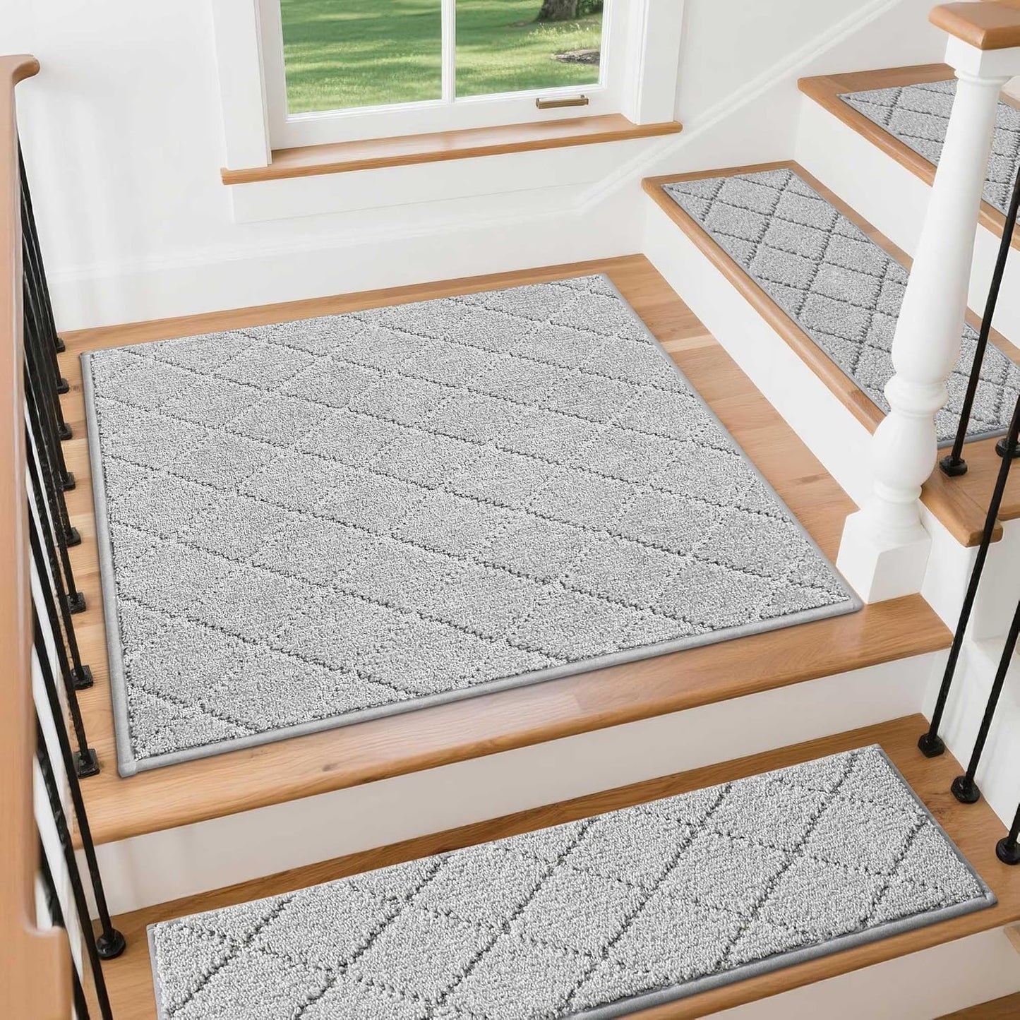 COSY HOMEER Edging Stair Treads Non-Slip Carpet Mat 28inX9in Indoor Stair Runners for Wooden Steps, Edging Stair Rugs for Kids and Dogs, 100% Polyester TPE Backing (7pc, Beige)
