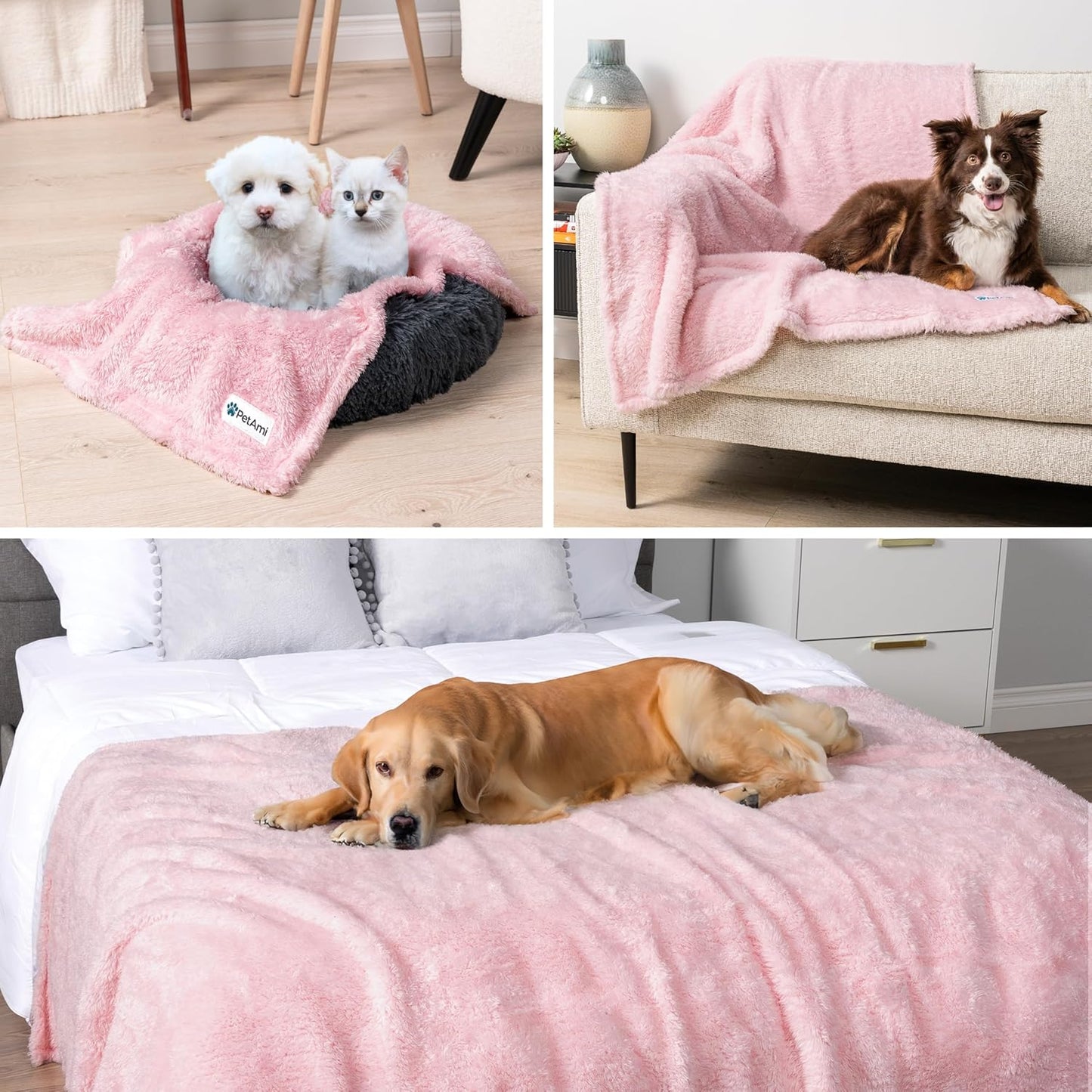 PetAmi Fluffy Waterproof Dog Blanket for Couch and Bed, Reversible Sherpa Pet Throw, Pee Proof Furniture Protector Sofa Cover, Washable Cat Blanket for Medium Large Dogs and Cats (Beige Cream, 60x80)