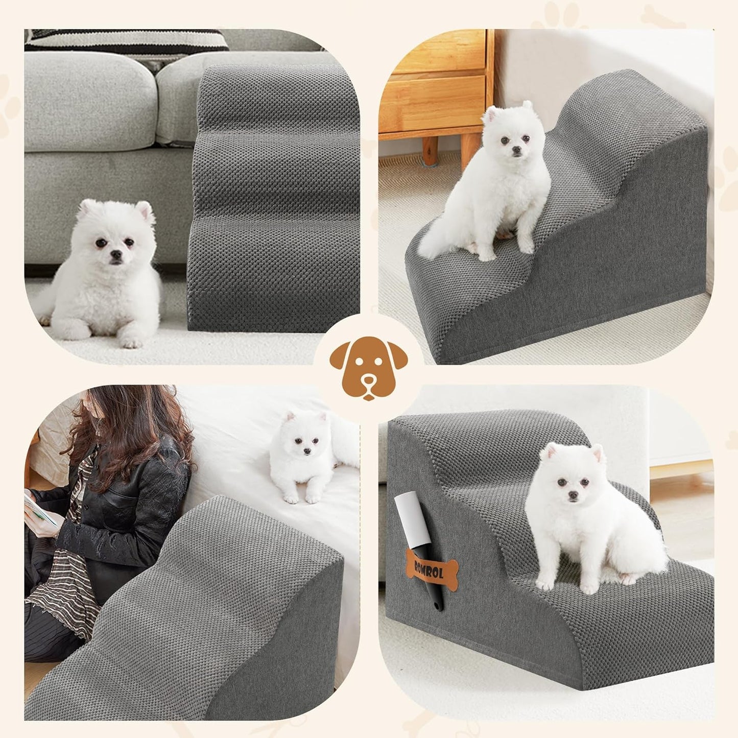 Romrol Dog Stairs Ramp for High Beds Couches, High Density Foam Pet Steps with Durable Non-Slip Waterproof Fabric Cover, Dog Stairs for Small Dogs or Cats or Pets, 5-Step, 22 Inch, Grey