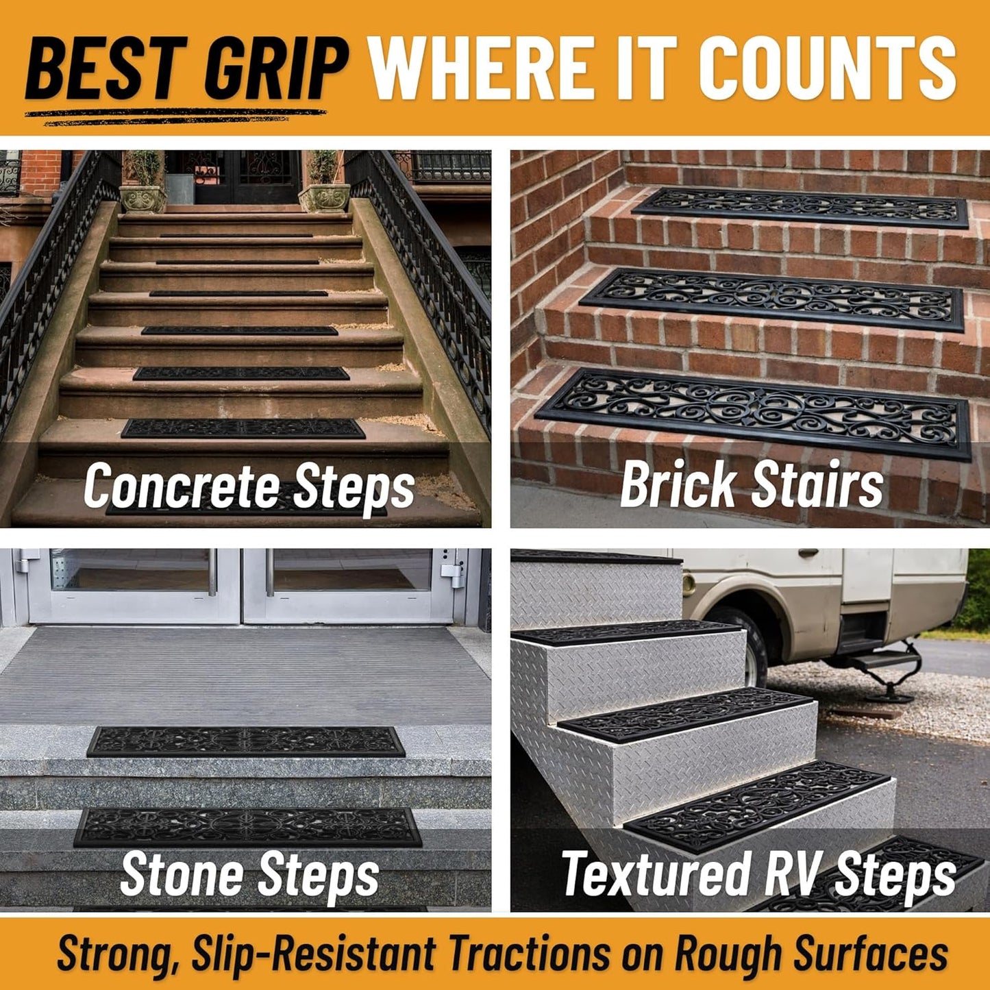 Ottomanson Outdoor Rubber Stair Treads – Ribbed Heavy-Duty Non-Slip Stair Mats – Best Grip on Concrete, Brick & Textured Step – Fastening Recommended for Wooden & RV Steps, Pack of 5