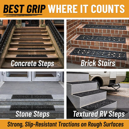 Ottomanson Outdoor Rubber Stair Treads – Ribbed Heavy-Duty Non-Slip Stair Mats – Best Grip on Concrete, Brick & Textured Step – Fastening Recommended for Wooden & RV Steps, Pack of 5