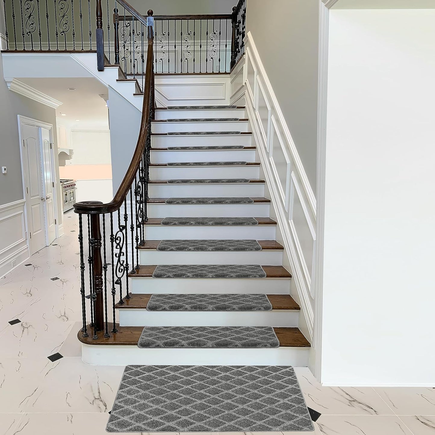 PURE ERA Bullnose Carpet Stair Treads Set Tape Free Non-Slip Indoor Stair Protectors Pet Friendly Rugs Covers Soft Skid Resistant Washable Reusable 9.5" x 30"(14 Pieces,Cream Gray)