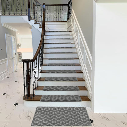 PURE ERA Bullnose Carpet Stair Treads Set Tape Free Non-Slip Indoor Stair Protectors Pet Friendly Rugs Covers Soft Skid Resistant Washable Reusable 9.5" x 30"(14 Pieces,Cream Gray)