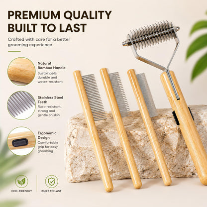 Bamboo Pet Grooming Kit for Medium to Long Haired Cats & Dogs, 4-in-1 Dematting Comb Set with Undercoat Rake, Detangling & Deshedding Tools, Fine/Wide Tooth Combs for Indoor Pets
