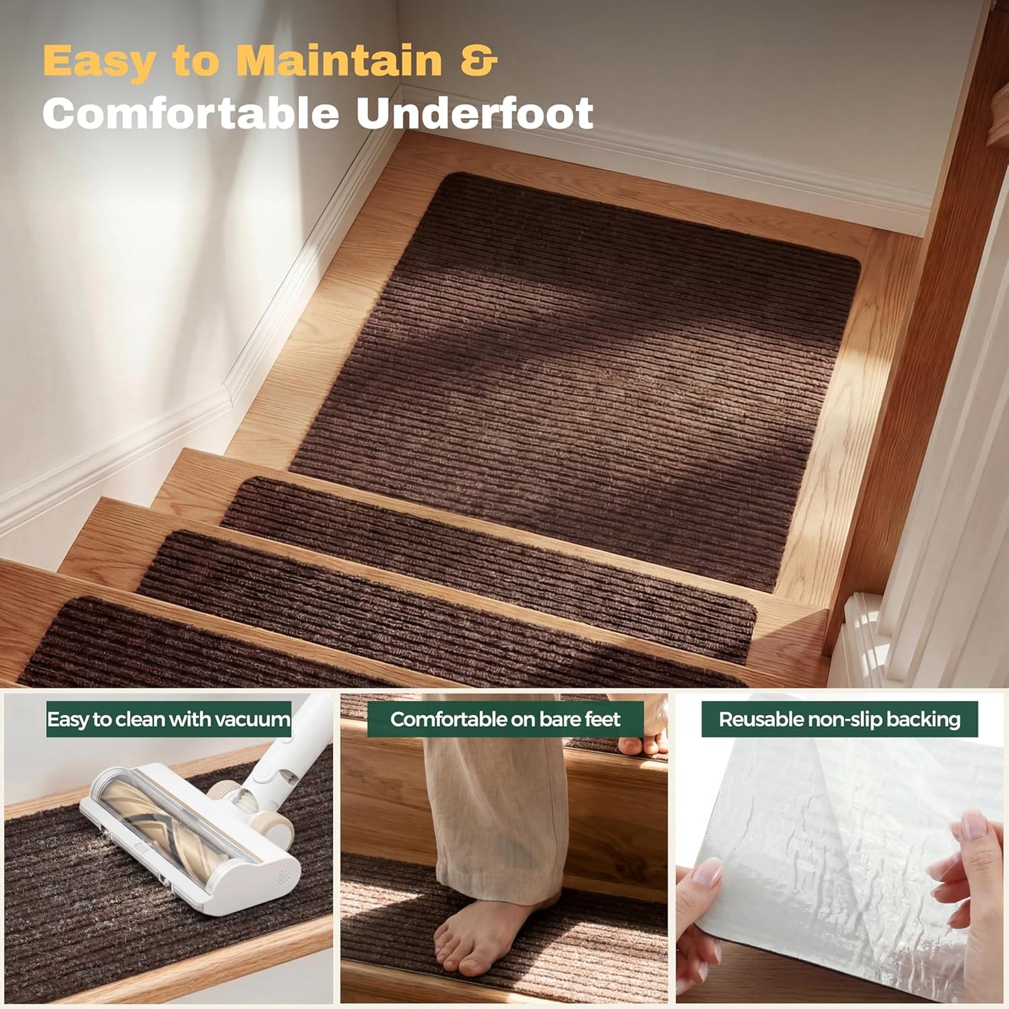 MBIGM 8" X 30" (15 in Pack) Nonslip Carpet Stair Treads Non-Skid Safety Rug Slip Resistant Indoor Runner for Kids Elders & Pets with Reusable Adhesive - Brown - Non Slip Stair Treads Indoor