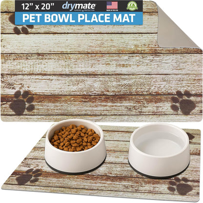 Drymate Pet Bowl Placemat, Dog & Cat Food Feeding Mat - Absorbent Fabric, Waterproof Backing, Slip-Resistant - Machine Washable/Durable (USA Made) (12” x 20”) (Indigo)