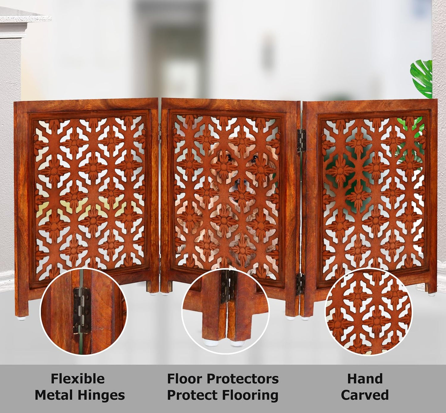 Croft&Cane Wooden Foldable Pet Dog Safety Gate – 3 Panel Freestanding Indoor Pet Fence (20 inches W x 24 inches H) – Hand-Carved Solid Wood & MDF – Fully Assembled - Antique Brown