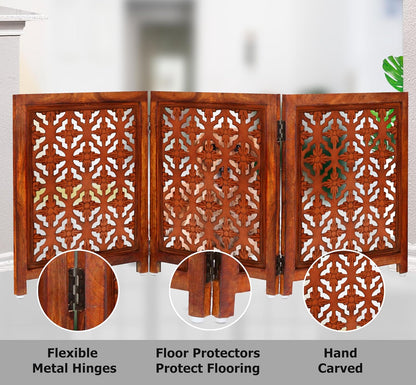 Croft&Cane Wooden Foldable Pet Dog Safety Gate – 3 Panel Freestanding Indoor Pet Fence (20 inches W x 24 inches H) – Hand-Carved Solid Wood & MDF – Fully Assembled - Antique Brown