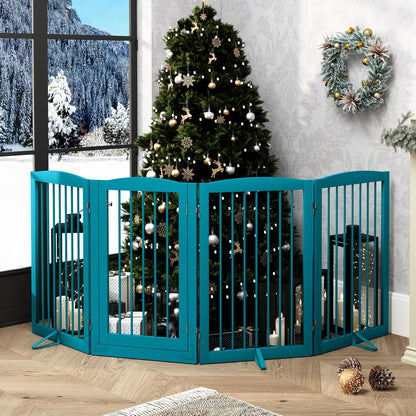 PUPETPO Freestanding Dog Gate with Door, Pet Gate for Stairs, 80 inch Wide Pet Barrier Indoor, Dog Fences Indoor, Support Feet Included, 4 Panels, 24" Tall, Dark Brown