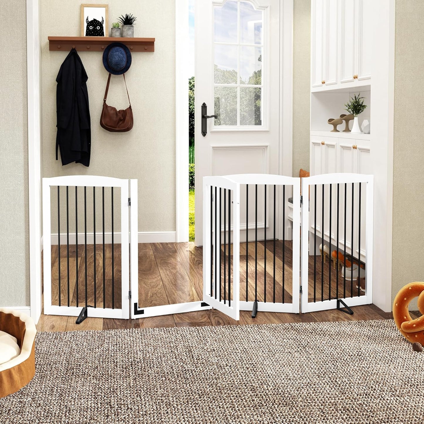 PUPETPO Freestanding Dog Gate with Door, Pet Gate for Stairs, 80 inch Wide Pet Barrier Indoor, Dog Fences Indoor, Support Feet Included, 4 Panels, 24" Tall, Dark Brown
