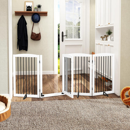 PUPETPO Freestanding Dog Gate with Door, Pet Gate for Stairs, 80 inch Wide Pet Barrier Indoor, Dog Fences Indoor, Support Feet Included, 4 Panels, 24" Tall, Dark Brown