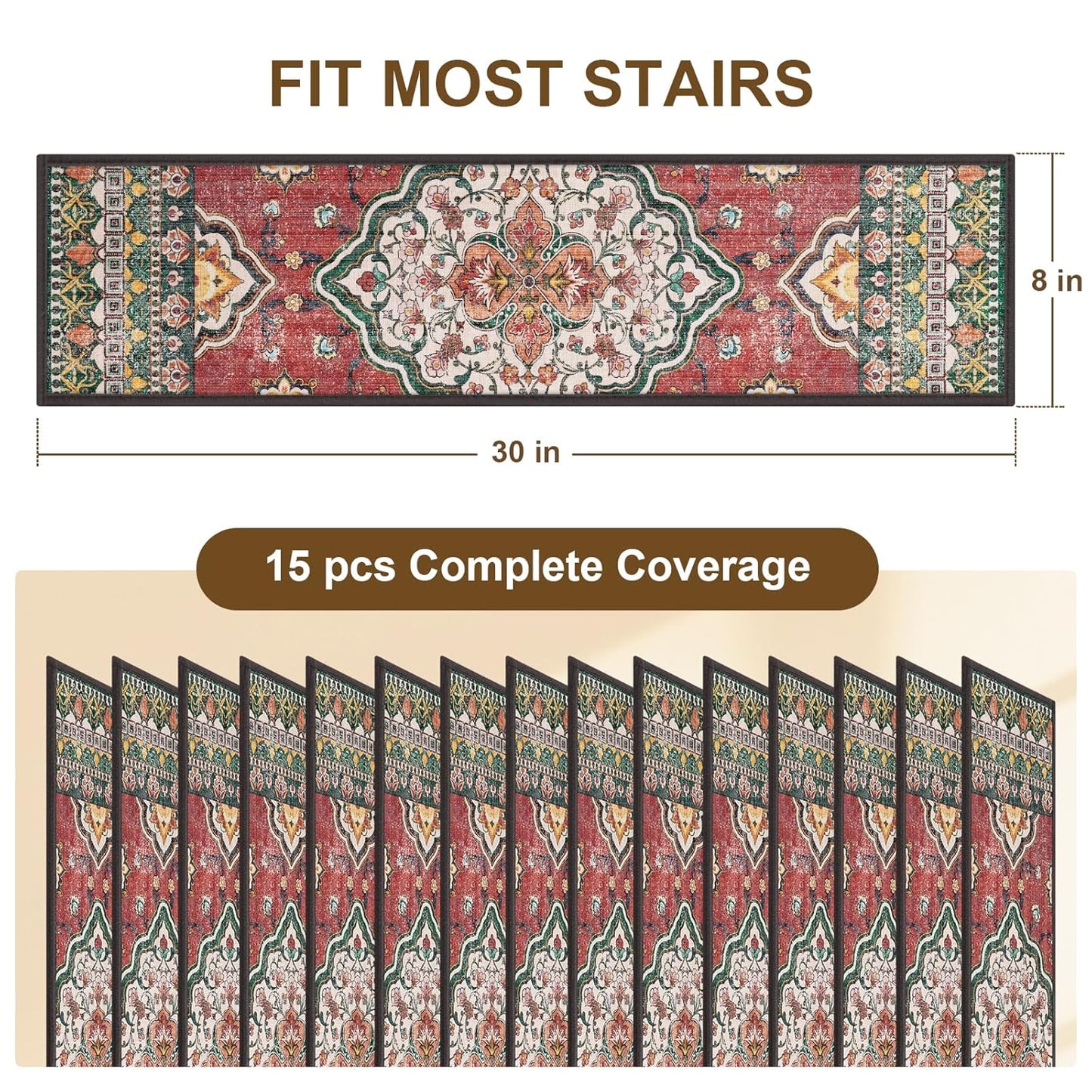 Non Slip Stair Treads for Wooden Steps Indoor, Dark Grey, 15pcs, 30"X8", Soft Carpet Mat, Machine Washable Boho Carpet Treads with Reusable Adhesive Backing, Safety Stair Tread for Dogs, Kids, Elders