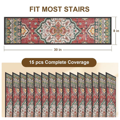 Non Slip Stair Treads for Wooden Steps Indoor, Dark Grey, 15pcs, 30"X8", Soft Carpet Mat, Machine Washable Boho Carpet Treads with Reusable Adhesive Backing, Safety Stair Tread for Dogs, Kids, Elders