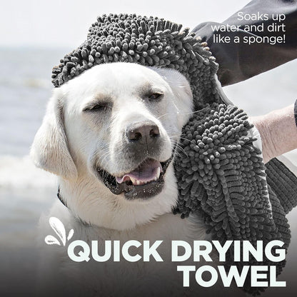 Soggy Doggy Super Shammy Dog Towel – Absorbent Microfiber Chenille Pet Towel for Drying Wet Dogs, Paws, Quick Dry Dog Shammy with Hand Pockets, Machine Washable – Chocolate/Oatmeal Trim, 31” x 14”