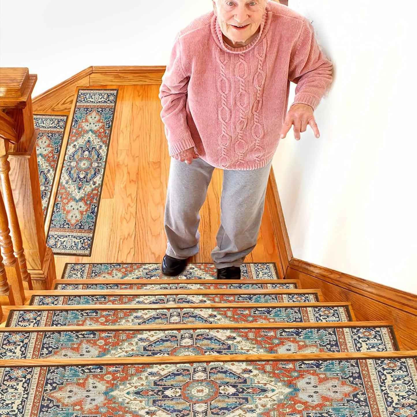 Stair Treads for Wooden Steps Indoor, 15 Pack 8" X 30" Non Slip Carpet Stair Treads with Reusable Adhesive for Kids Elders and Dogs, TPR Backing Stair Rugs Oriental Staircase Step Treads,Bohemia