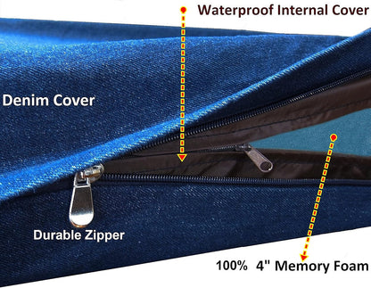 Dogbed4less Large Orthopedic Memory Foam Dog Bed for Medium to Large Dogs with Durable Waterproof Internal Case, Removable Washable Denim Cover + Bonus Pet Bed Cover, 41X27X4 Fit 42X28 Dog Crate, Blue