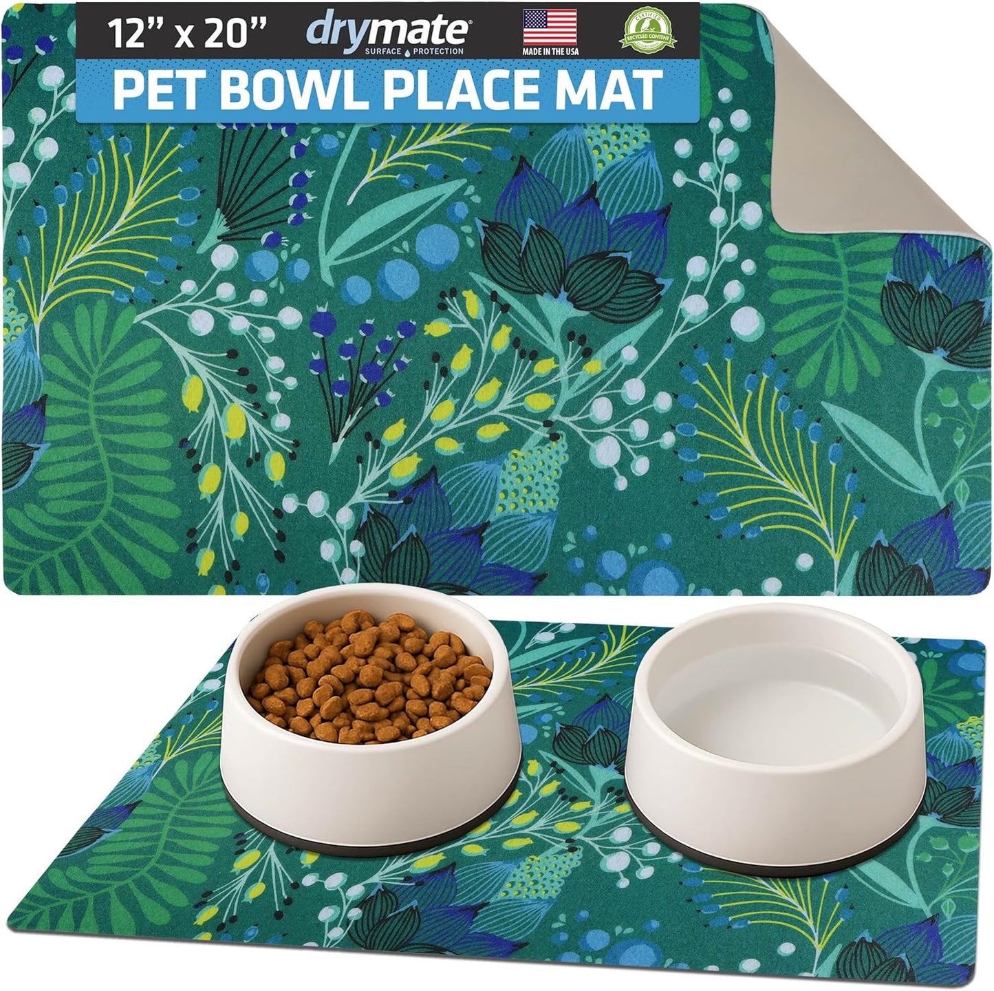 Drymate Pet Bowl Placemat, Dog & Cat Food Feeding Mat - Absorbent Fabric, Waterproof Backing, Slip-Resistant - Machine Washable/Durable (USA Made) (12” x 20”) (Indigo)