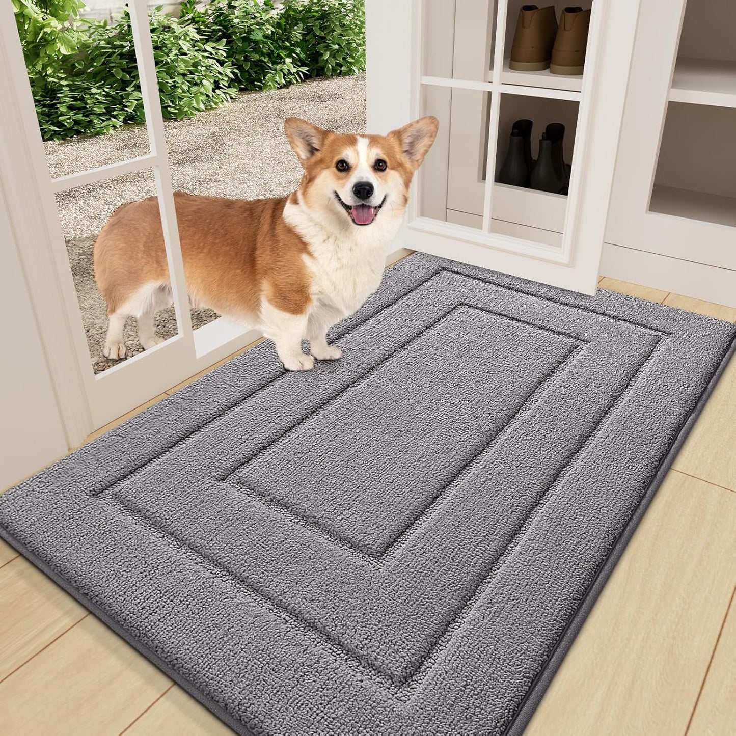 Smiry Dog Door Mat for Muddy Paws, Absorbs Moisture and Dirt, Low-Profile Entryway Mat with Non-Slip Backing, Entry Indoor Outdoor Doormat for Inside Floor (30x20 Inches, Grey, Striped)