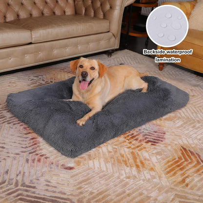 Bedfolks Waterproof Dog Crate Bed, Plush With Removable Washable Cover, Faux Fur Crate Pad for Medium Dogs, Fluffy Kennel 29"x21", Dark Grey
