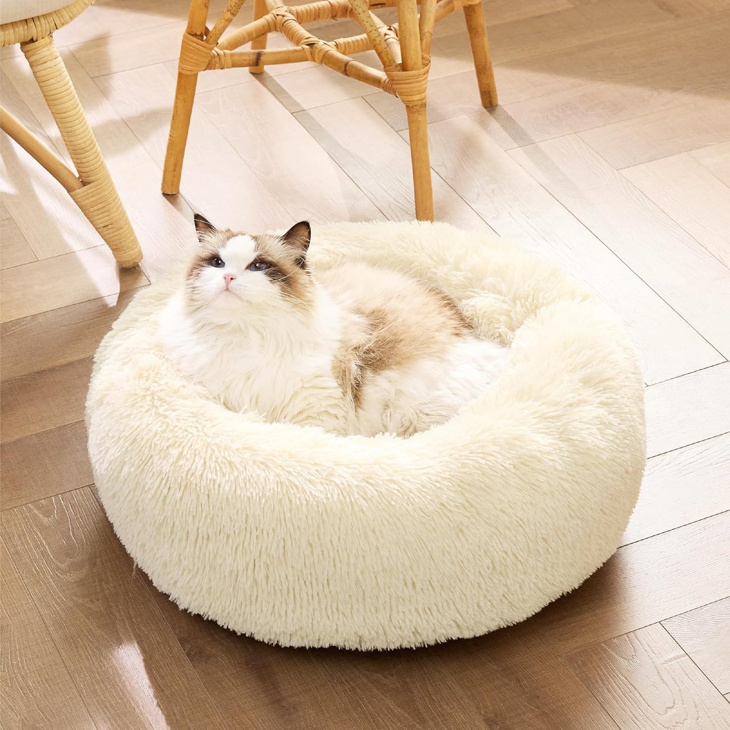 Bedsure Calming Dog Bed Medium Size Dog - Donut Washable Medium Pet Bed, 30 inches Anti-Slip Round Fluffy Plush Faux Fur Cat Bed, Fits up to 45 lbs Pets, Camel