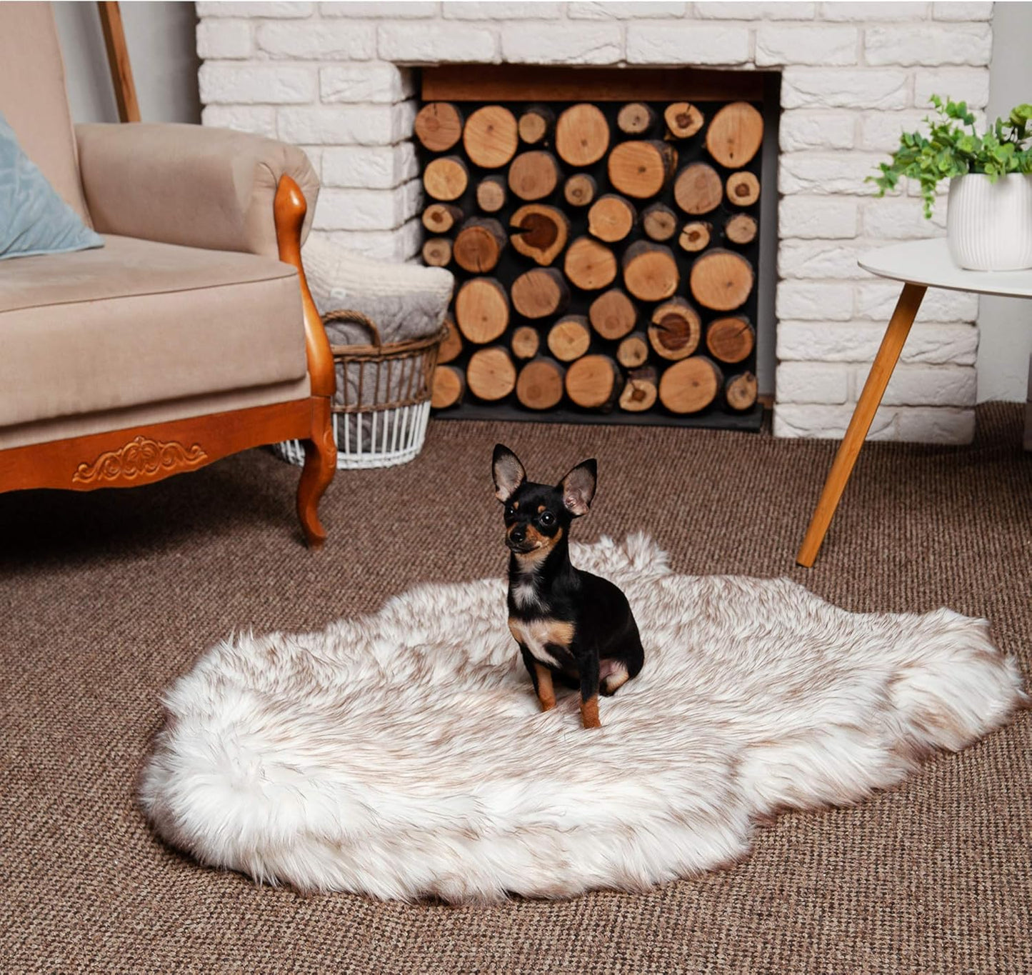 IHAPPYDOG Luxury Faux Fur Orthopedic Dog Bed, Memory Foam Dog Bed for Small, Medium, Large and XL Pets, Fluffy Pet Bed with Waterproof and Washable Cover (White w/Brown Tips, 50"x30")