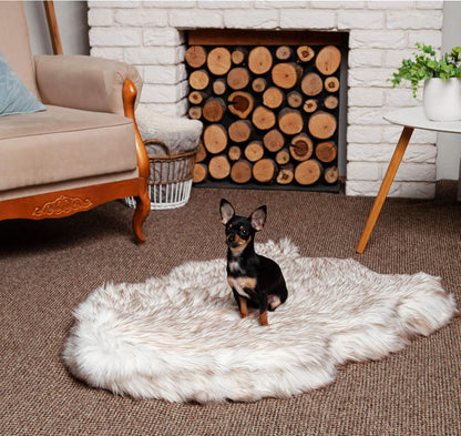 IHAPPYDOG Luxury Faux Fur Orthopedic Dog Bed, Memory Foam Dog Bed for Small, Medium, Large and XL Pets, Fluffy Pet Bed with Waterproof and Washable Cover (White w/Brown Tips, 50"x30")