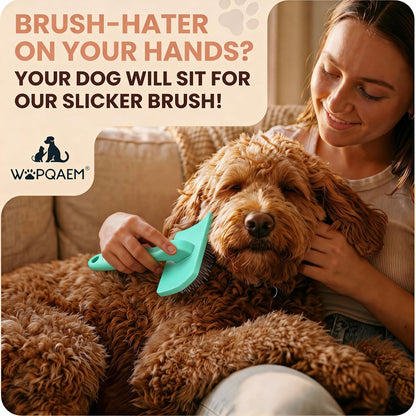 Slicker Brush for Doodles and Poodles - 2-Piece Solid Wood Dog Grooming Set with Extra Long Pin Dematting Tool and Metal Comb for Curly, Matted & Thick Hair, Purple