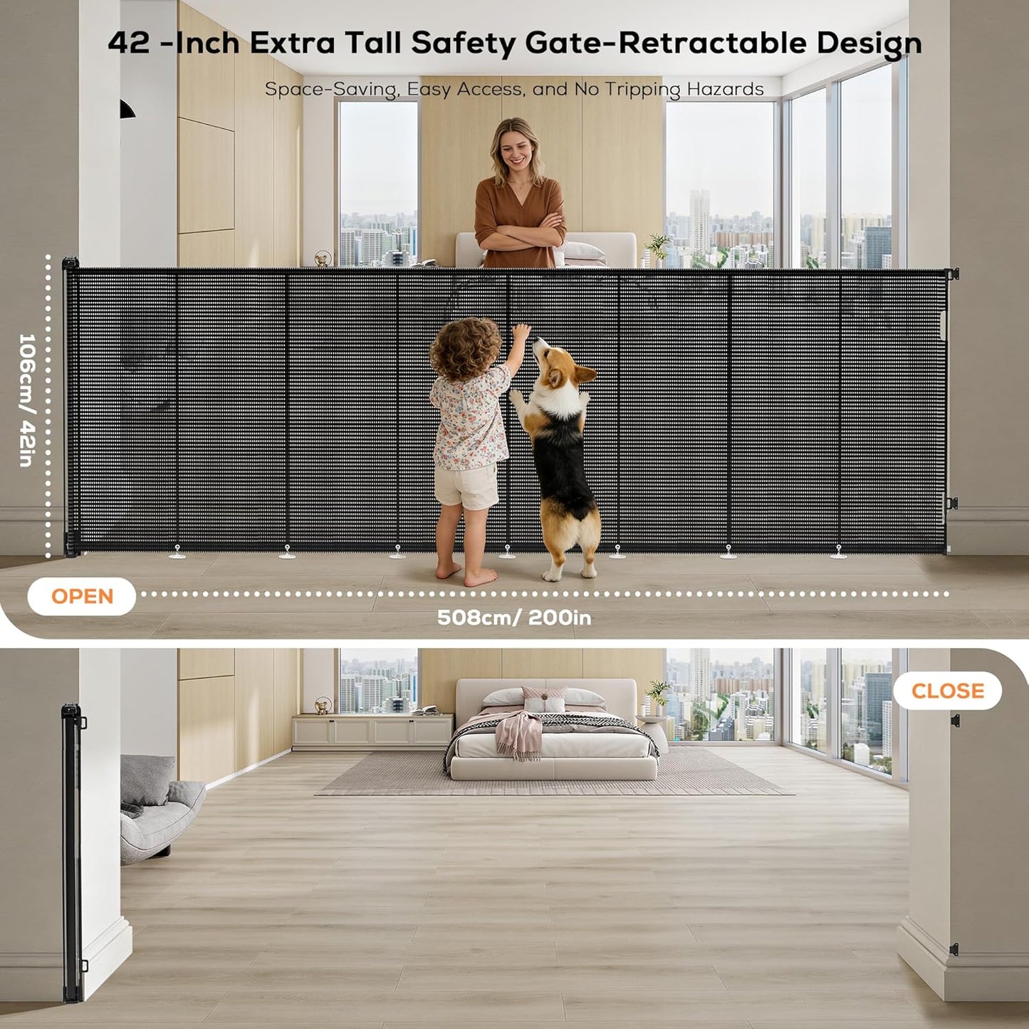 Retractable Baby Gate for Stairs, 42" Tall X 200" Wide Mesh Dog Gate Indoor, Child Gate for Doorways, Hallways, Deck, Indoor Outdoor Pet Baby Safety Essentials for Home, Black