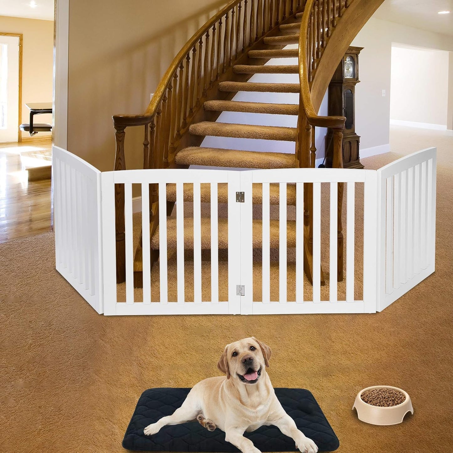 24 Inch Freestanding Indoor Retractable Dog Gate Pet Gate for Stairs, Hallways or Doorways 3 Panels Indoor Foldable Puppy Dog Fence Wooden Safety Fence, White